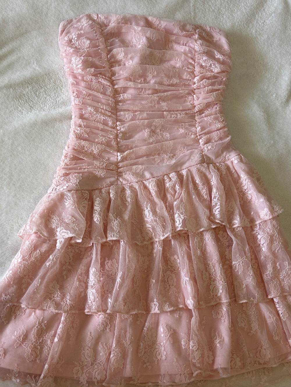 Windsor Blush Pink Strapless Lace Tiered Mini Dress